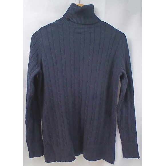 Lands' End Dark Blue Navy Warm Cable Knit Cotton Wool Turtleneck Long Sweater - Picture 3 of 7